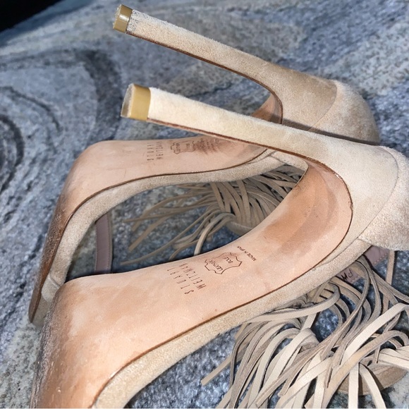 STUART WEITZMAN Lovefringe Suede Nudist Ankle Strap Fringe Sandals - Picture 4 of 9